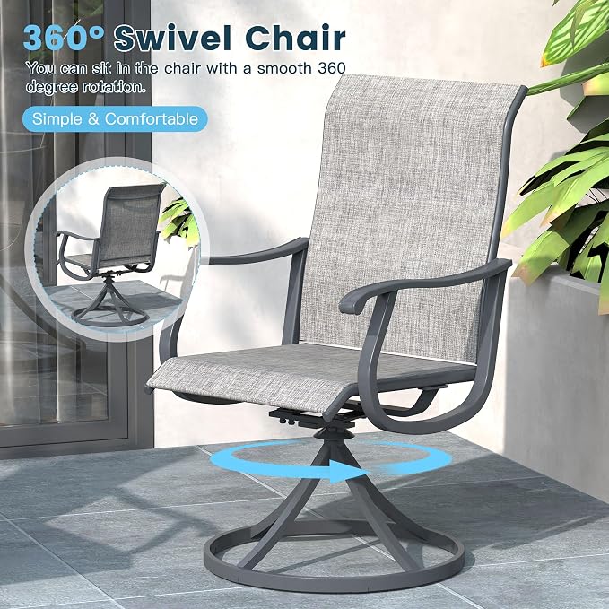 7 Pieces Patio Furniture Dining Set, 6 Textilene Swivel Dining Chairs, 53" Outdoor Round Metal Table with 1.57" Umbrella Hole, Outdoor Dining Set for Porch, Lawn, Garden, Grey/Grey