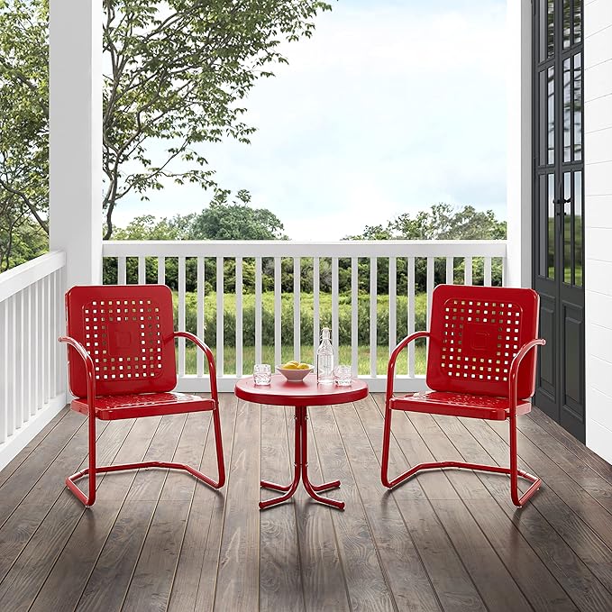 Crosley Furniture Bates 3-Piece Outdoor Chair and Side Table Set, Retro Metal Bistro Patio Conversation Sets, Bright Red Gloss