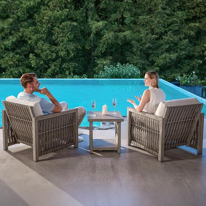 2 Pieces Patio Armchair, Rope Weave Outdoor Chair with Widened Armrests & Thick Cushions, All-Weather Aluminum Deep Seating Chair, Never Rust Patio Furniture for Garden, Porch, Deck, Gray Oak