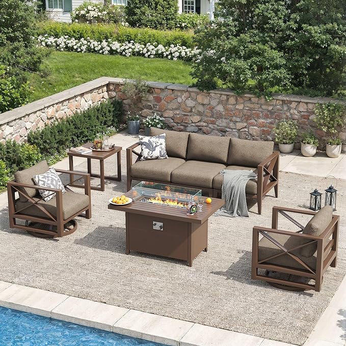 Aluminum Patio Furniture Set with Oversized Fire Pit Table, 7-Piece All-Weather Outdoor Conversation Set with Swivel Rocking Chairs, Oversized Modern Sofa for Backyard, Deck, Balcony-Brown