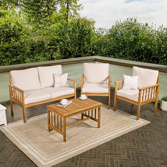 JONATHAN Y LVG1201B-4SET Everly 4-Piece Modern Cottage Acacia Wood Outdoor Patio Set with Cushions and Tropical Decorative Pillows Classic, Coastal, Traditional, Vintage, Mid-Century, Beige/Teak Brown