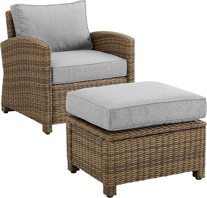 Crosley Furniture Bradenton 2-Piece Outdoor Chair and Ottoman Set, Wicker Patio Conversation Sets for Porch, Brown with Gray Cushions