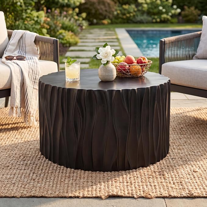 Black Coffee Table with Wavy Fluted Cylindrical Side, Modern Round MGO Magnesium Oxide Center Accent Table Assembly-Free for Living Room Patio Garden Balcony Outdoor 26.77" x 14.76"
