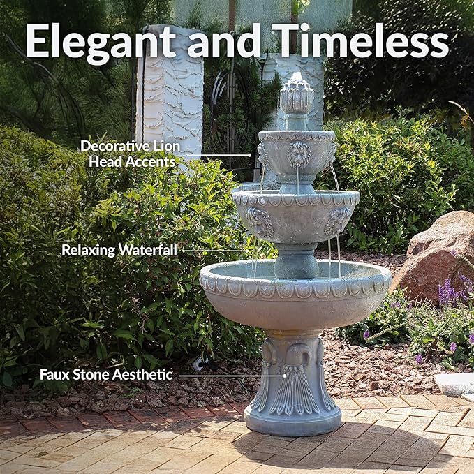 Sunnydaze Lion Head 53-Inch 3-Tier Outdoor Water Fountain with Electric Submersible Pump for Patio, Yard, or Deck
