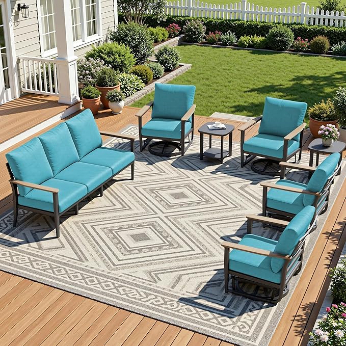 7-Seat Outdoor Patio Furniture Set with Rocking Swivel Chair, Aluminum Sectional Sofa Set with Ottomans, Patio Conversation Set with High Backrest & Thickened Cushions, Turquoise