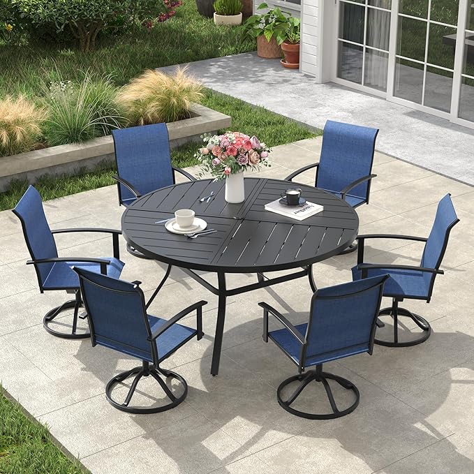 VICLLAX Outdoor Table and Chairs Set for 6, Patio Dining Set of 50" Metal Round Patio Table with Umbrella Hole & 6 Swivel Outdoor Dining Chairs for Backyard Lawn, Dark Blue & Black
