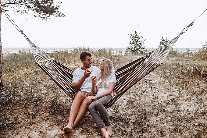 Brasilia Hammock, Handwoven, Polyester/Cotton Blend, Mocha, Single Size, Spreader Bar, 122" L X 55" W, Holds up to 330lbs