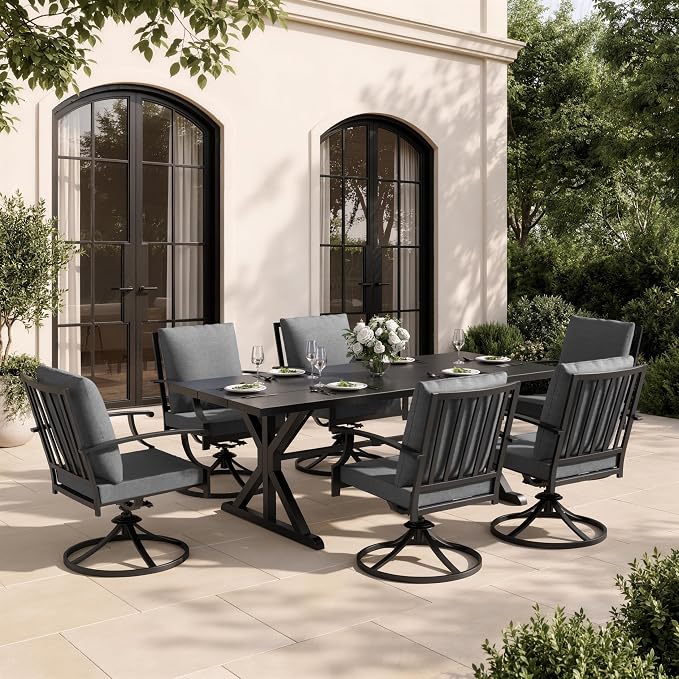 7 Piece Outdoor Dining Set for 6, Metal Patio Table and Chairs with Cushions, Patio Furniture Set with 6 Swivel Chairs, Rectangular Metal Dining Table with Umbrella Hole, Lawn Deck Yard-Grey