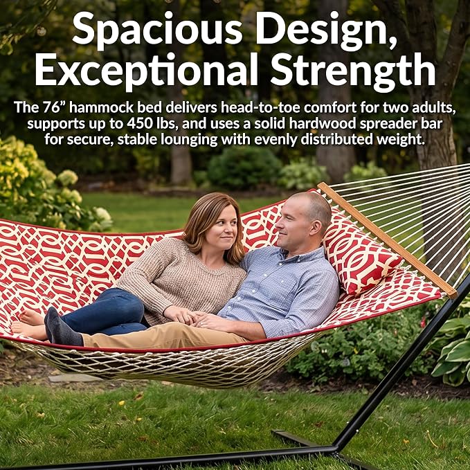 Sunnydaze Rope Double Hammock with Stand for Outside - Heavy Duty Freestanding Portable Outdoor Hammock Set with Quilted Pad, Pillow, and 12-Foot Steel Frame - 450 lb Capacity - Royal Red