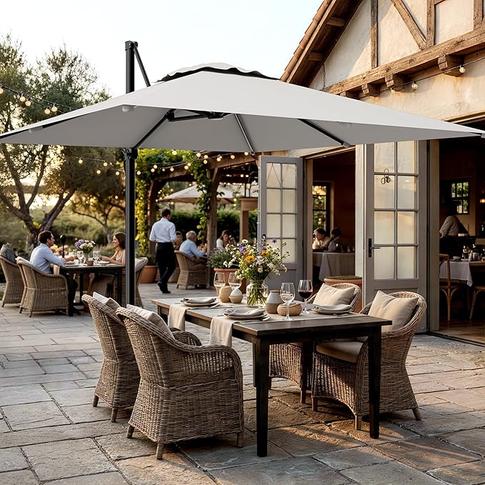 AreShark 10 × 10FT Square Cantilever Patio Umbrella with Base Included, 360° Rotation Offset Outdoor Umbrella, 5 Tilt Settings Heavy Duty Hanging Parasol for Deck Garden Pool, Light Grey