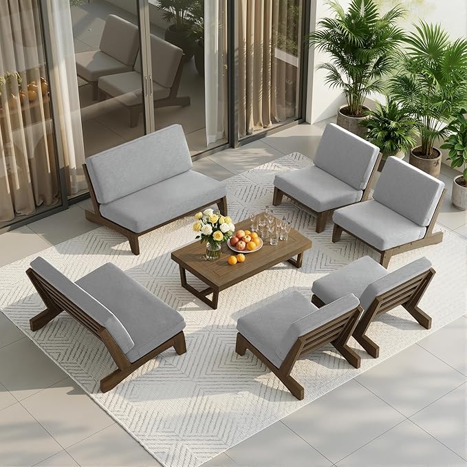 UIXE 8 Pieces Wood Patio Furniture Sets, 2 Patio Loveseat, 4 Patio Bistro Chair, All Weather Outdoor Sectional Sofa Furniture Backyard Conversation Set with Coffee Table - Grey