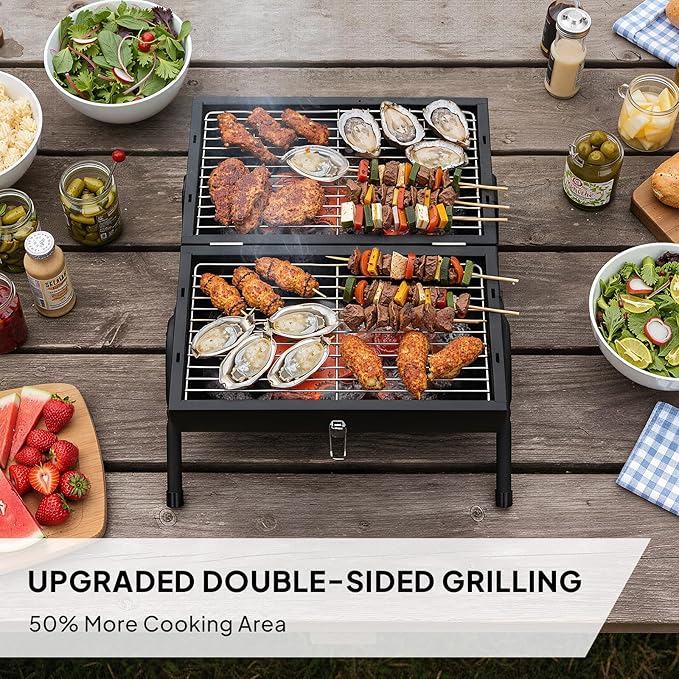 Outvita Portable Charcoal Grill with Thermometer, Dual-Sided Small Tabletop Barbecue Grill for Outdoor Camping BBQ Cooking Backyard Party, Heavy Duty, Easy Assembly (Black)