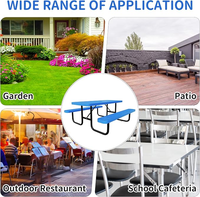 Picnic Tables for Outdoors,Commercial Metal Picnic Table Bench Set with Umbrella Hole,School Canteen Tables W/Seats - Heavy Duty Sturdy Picnic Tables Furniture for Patio Garden (Blue, 6FT)