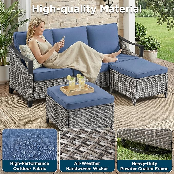 Patio Furniture Set with 42.5" Fire Pit Table-7 Pieces All Weather Wicker Outdoor Furniture with High Back Swivel Patio Chairs Set of 2 Outdoor Patio Conversation for Deck Garden Blue/Gray