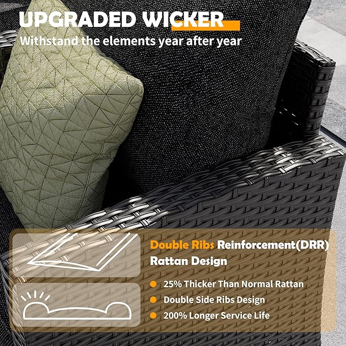 UDPATIO Patio Furniture Set, 6 Pieces Outdoor Sectional Couch with Swivel Rocking Chair, Gray Wicker Rattan Sofa with Side Table, 4" Thick Cushion for Garden Backyard Deck,Black