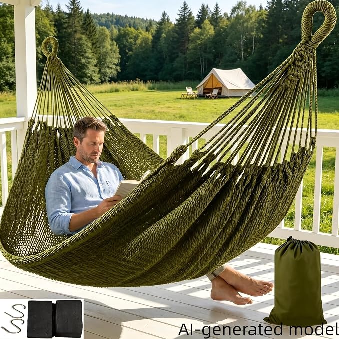 Handwoven Mayan Hammock with Carry Bag, 2 Person Family Size Cotton Nylon Rope Hammock, 500 lb Capacity, Portable Handmade Hammock for Camping, Backyard, Porch, Indoor Outdoor Use