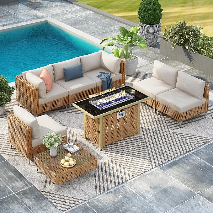 VilroCaz 8-Piece Outdoor Patio Furniture Set, All-Weather Wicker Conversation Sofa Sets with Coffee Table and 43" Fire Pit Table for Outdoor Couch, Porch, Backyard