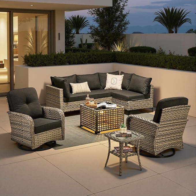 8 Pieces Outdoor Sectional Patio Furniture Set with Swivel Rocking Chairs,Conversation Sets Rattan Wicker L Shaped Couch,Modular Outdoor Sofa for Porch Balcony Backyard Black