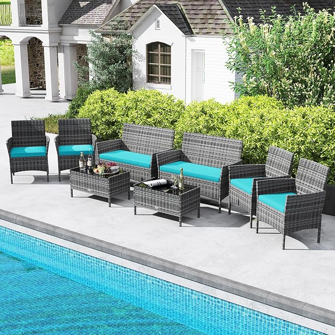 Tangkula 8 Pieces Patio Rattan Conversation Set, Outdoor Wicker Furniture Set with Cushioned Chair, Loveseat & Tempered Glass Table, Outside Sectional Sofa Set for Backyard (G-Turquoise,2)