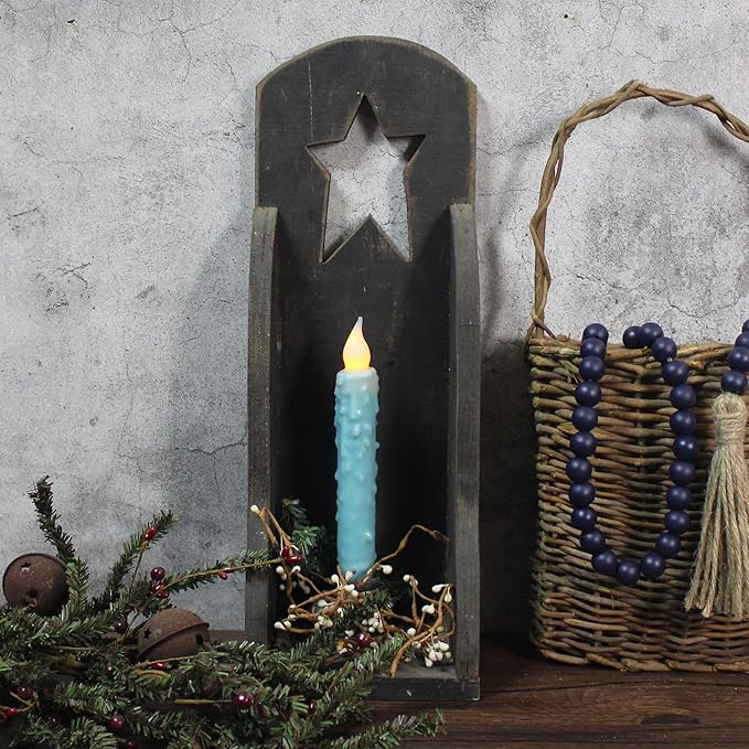 CVHOMEDECO. Real Wax Hand Dipped Battery Operated LED Timer Taper Candles Rustic Primitive Flameless Lights Decor, 6-3/4 Inch, Teal, 3 PCS in a Package