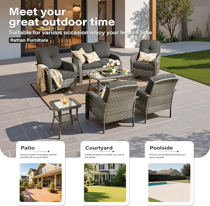 7 Pieces Patio Conversation Sets,Patio Furniture Set with Swivel Rocking Chairs,Coffee Table, Side Table, All Weather Rattan Wicker Outdoor Sectional Furniture Set for Porch Balcony Backyard Black
