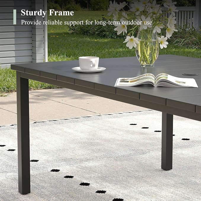Outdoor Dining Set for 6, 63" Metal Outdoor Dining Table with Umbrella Hole and Sling Patio Swivel Chairs, 7 Pieces Patio Table and Chairs Set for Garden Backyard, Mixed Brown and Black