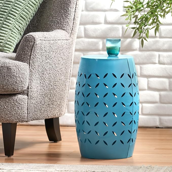 12" Outdoor Side Table, Decorative Cutout Metal Round Side Table, Multi Functional - Coffee Table, Night Stand, Plant Stand for Patio, Garden, Backyard, Gazebo Indoor (Blue)