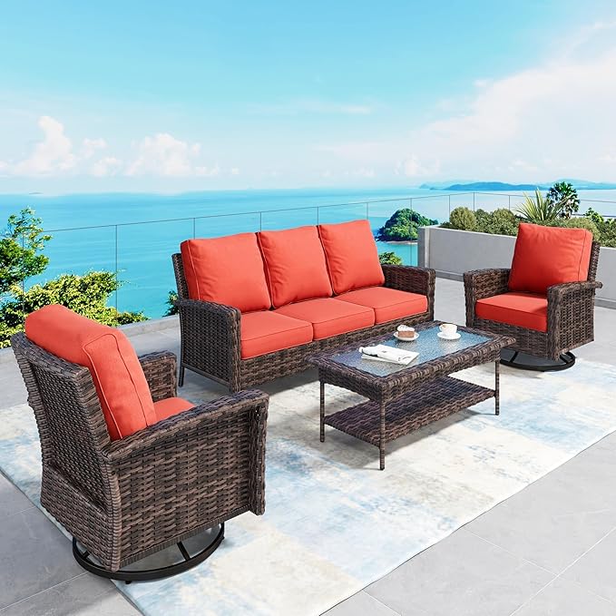 Patio Furniture Set with Swivel Chairs, High Back Wicker Rattan Furniture with 5.5" Thick Cushions and Coffee Table, Outdoor Conversation Set for Backyard Deck, 5 Seats, Red