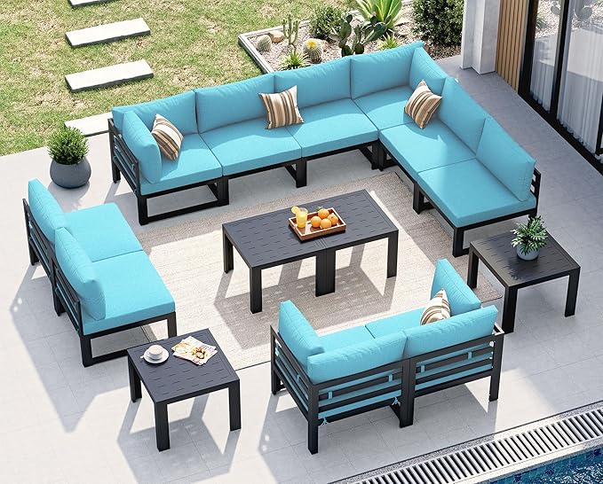 NICESOUL 14 Pcs Aluminum Patio Furniture Set for Large Groups, 500lbs Heavy Duty Outdoor Sectional Sofa with Coffee Table, L Shaped 29" Deep Wide Seating Conversation Couch for Garden Lawn, Turquoise