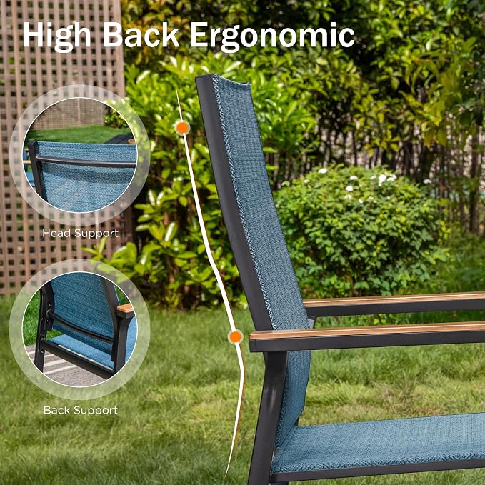PHI VILLA Outdoor Dining Set for 8 w/Square Table & Aluminum Chairs, Blue | Stackbale chairs, Breathable & quick-drying sling, Light-weight & space-saving, Metal Table, Umbrella Hole, Patio deck