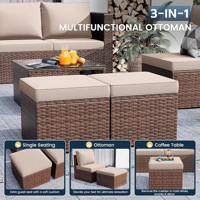 Amopatio Patio Furniture Set, Space-Saving Nestable All-Weather Wicker Outdoor Conversation Set with Glass Coffee Table, Cushions & Ottomans for Deck Backyard Porch Lawn Khaki