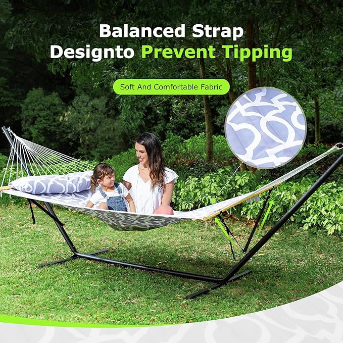 Double Hammock with Stand, Heavy Duty Outdoor Hammock for Two, 500 LBS Capacity, Stable Steel Frame with Balance Strap, Easy Tool-Free Assembly for Patio, Garden, Backyard & Beach,Round Gray