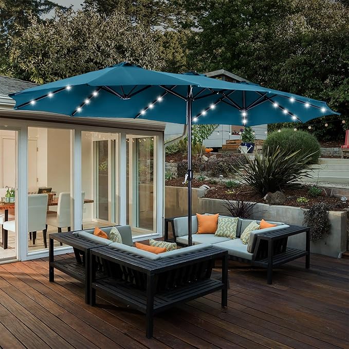 HERA'S PALACE 15ft Patio Umbrella with Base Included Double Sided Outdoor Umbrella for Patio Table Umbrella Outdoor 36 LED Solar Lights for Garden