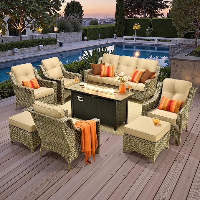 Outdoor Patio Furniture Sets, 8 PCS Patio Conversation Set Outside Rattan Sofa with 54 in Fire Pit Table Comfy Cushions Fit Backyard Porch Garden Poolside Balcony,Beige