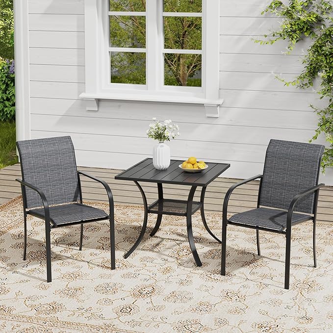 VICLLAX Outdoor Dining Set for 2, Small Patio Table and Chairs Set of Stackable Patio Sling Chairs and Square Dining Table for Front Porch, Dark Grey Fabric and Black Table