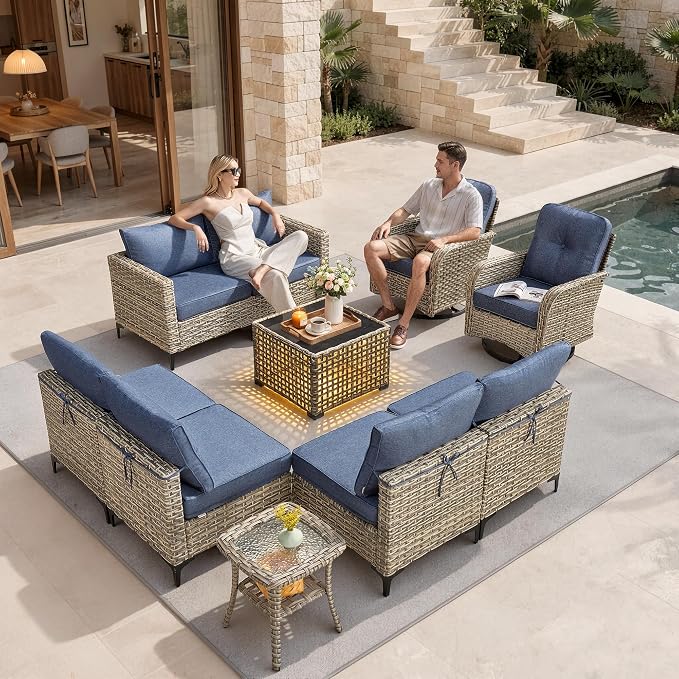 10 Pieces Patio Furniture Set, Outdoor Conversation Set with 360° Swivel Rocker Chairs, Wicker Sectional Sofa Solar Coffee Table, High Back Outdoor Furniture L Shaped Couch for Porch Deck, Denim Blue