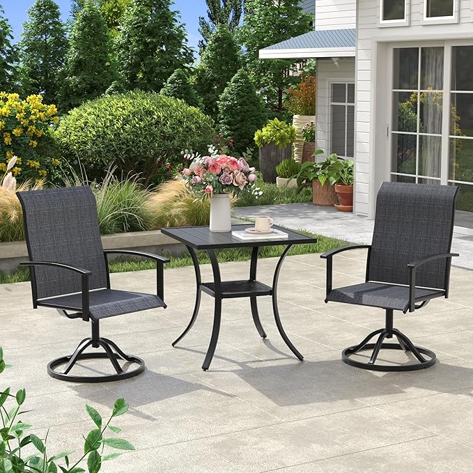 VICLLAX Outdoor Table and Chairs Set for 2, Small Patio Dining Set with 27.5" Metal Square Patio Table & 2 Swivel Outdoor Dining Chairs for Backyard Lawn Porch Garden, Charcoal & Black