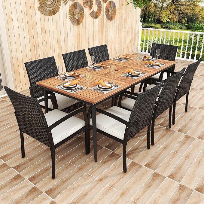 Tangkula 9-Piece Patio Dining Set, 79" Outdoor Acacia Wood Dining Table with 1.9" Umbrella Hole & 8 Rattan-Woven Dining Chairs with Seat Cushions, for Garden, Porch, Deck