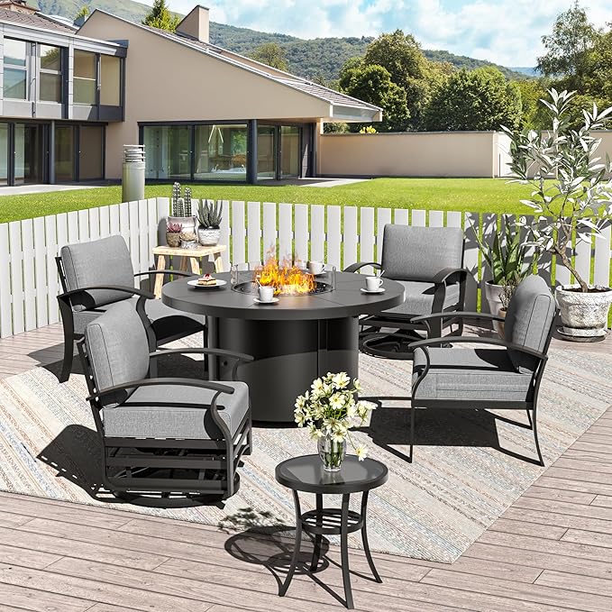 ALAULM Aluminum Patio Furniture Set with 40,000 BTU Round Propane Fire Pit Table 4-seat Metal Outdoor Furniture w/Swivel & Rocking Conversation Set for Patio, Lawn, Poolside（Grey