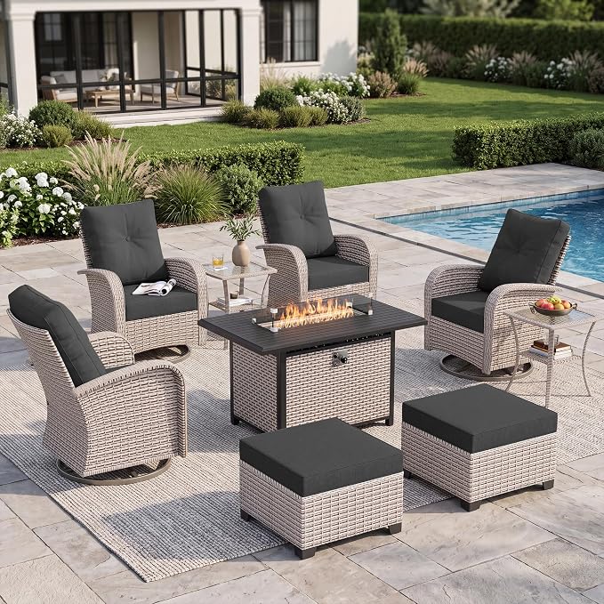 9-Piece Patio Furniture Set, Outdoor Swivel Rocking Chairs Set with 55,000 BTU Fire Pit Table,All Weather Conversation Set for Porch Poolside Balcony