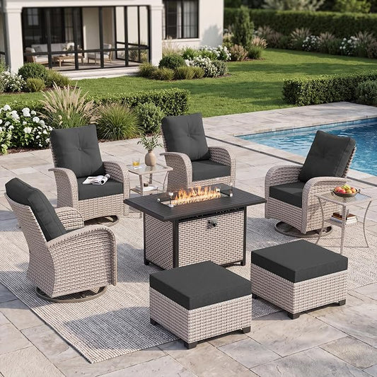9-Piece Patio Furniture Set, Outdoor Swivel Rocking Chairs Set with 55,000 BTU Fire Pit Table,All Weather Conversation Set for Porch Poolside Balcony