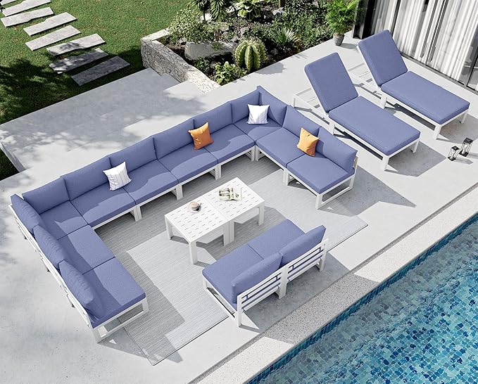 NICESOUL 16 Piece XL Aluminum Patio Sectional Furniture Set with Chaise, 500 lbs Heavy Duty Anti-Rust Outdoor Couch, 29" Extra Deep Wide Seating, High End Conversation Sofa for Poolside, Denim Blue