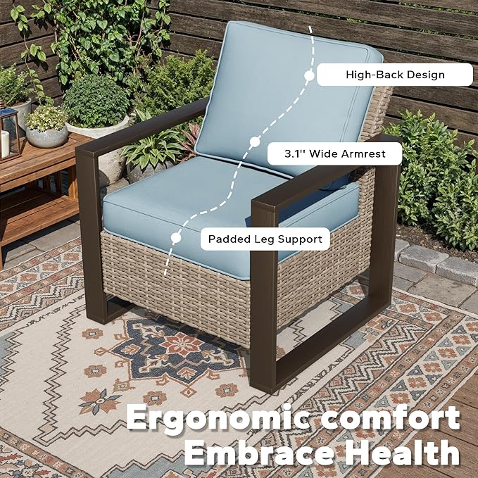 Joyside Outdoor Patio Chairs Set, 2 Pieces Wicker Rattan Chairs with Metal Wide Armrest, Thick Cushions and Deep Seating for Garden, Backyard, Porch, Deck