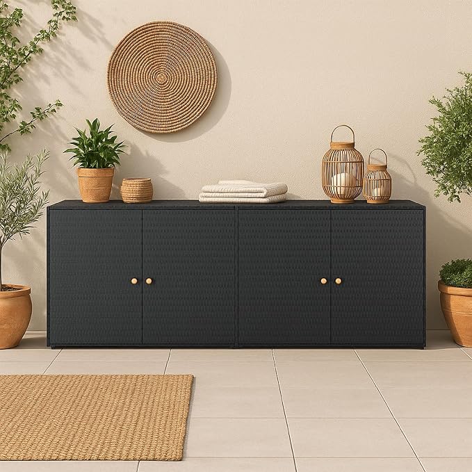 Benjara Elix Outdoor Storage Cabinet Chest- 78" Wide Black Rattan- Brown