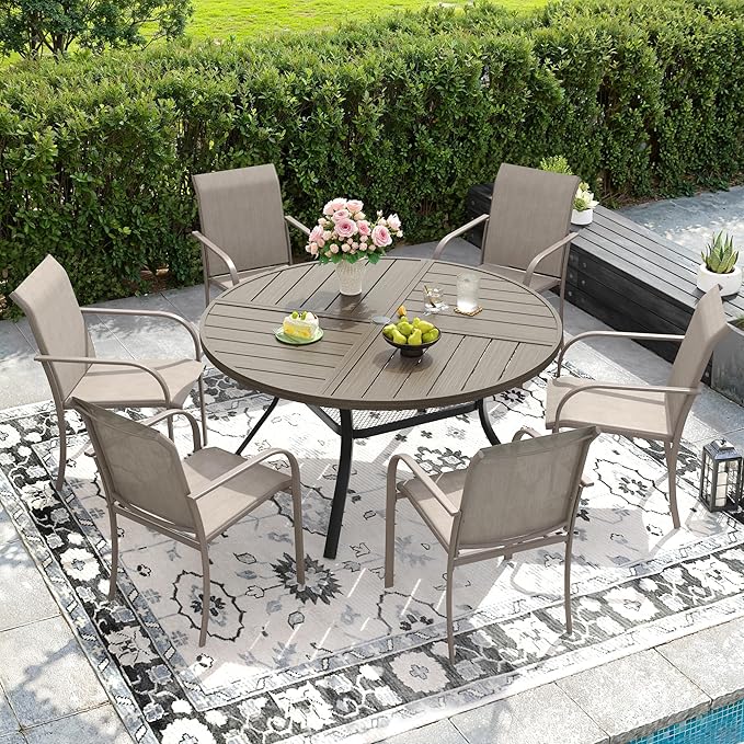 DIFY Patio Dining Set for 6, 7 Piece Outdoor Table and Chairs Set, 47.2" Grey Wood-Like Round Metal Patio Dining Table and 6 Sandshell Textilene Stackable Patio Chairs, for Backyard Garden Poolside