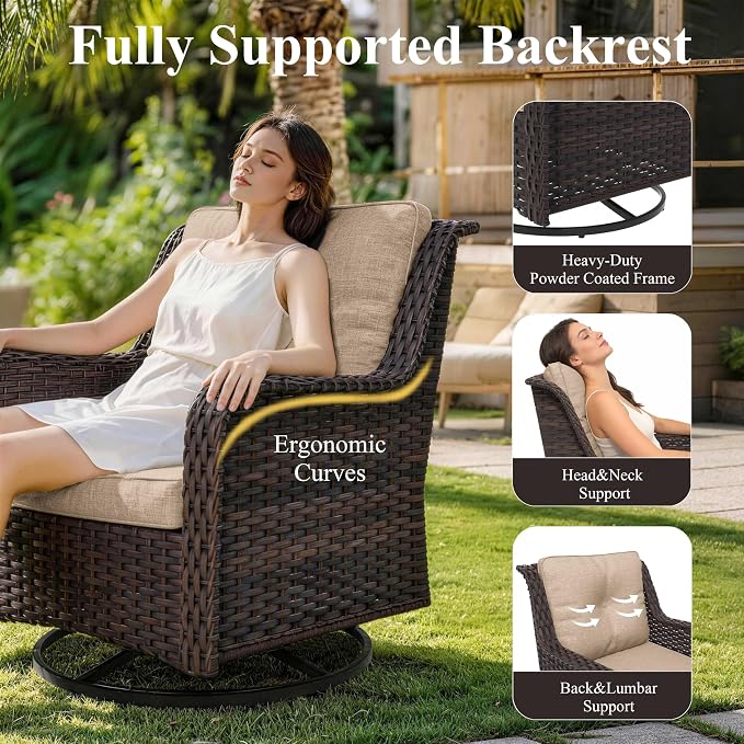 7-Piece Patio Furniture Set, Thick Wicker Outdoor Furniture Set with 2 Swivel Chairs, Outdoor Sectional Sofa Couch with Fire Pit Table, Patio Conversation Set for Backyard, Porch, Deck, Brown