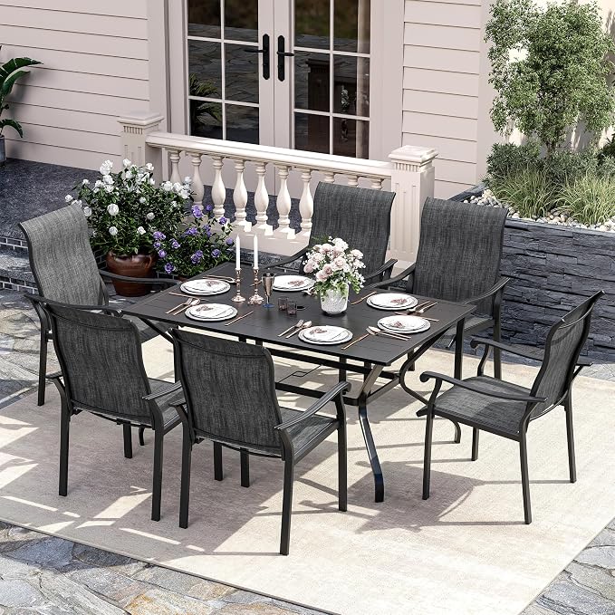 UDPATIO 7 Piece Patio Dining Set for 6, Patio Outdoor Table and Chairs, 59"×38" Black Table with Umbrella Hole, Gray Patio Chairs Set of 6, Patio Outdoor Dining Set for Lawn, Backyard, Deck
