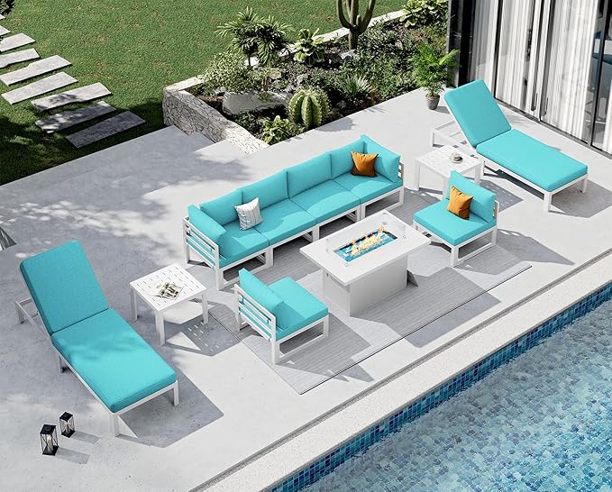 NICESOUL 8 People Large Luxury Aluminum Patio Conversation Set with Lounge Chair & Fire Pit Table, 29" Deep Wide Modular Sectional Couch, 500 lbs Heavy Duty All Weather Outdoor Sofa for Poolside, Teal