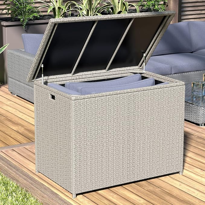 Lepus Large Waterproof Resin Wicker/Rattan Deck Box with Handles, Outdoor Storage Container For Patio, Pool, Garden, 130 Gallons, Gray