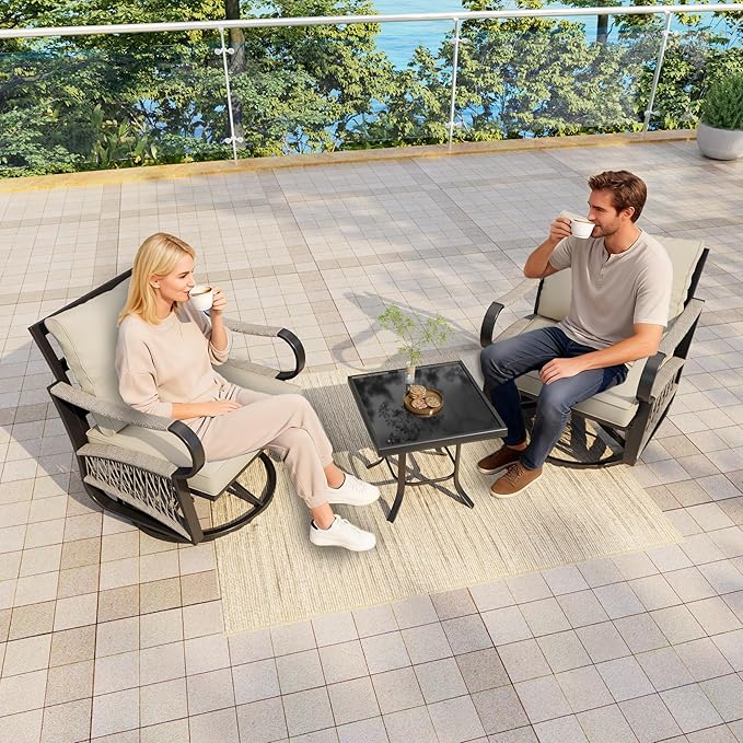 3 Pieces Outdoor Furniture Set, Metal 360° Swivel Rocking Chairs Bistro Sets, Patio Conversation Set with Side Table for Deck, Porch, Garden, Backyard, Poolside (Beige Cushions)